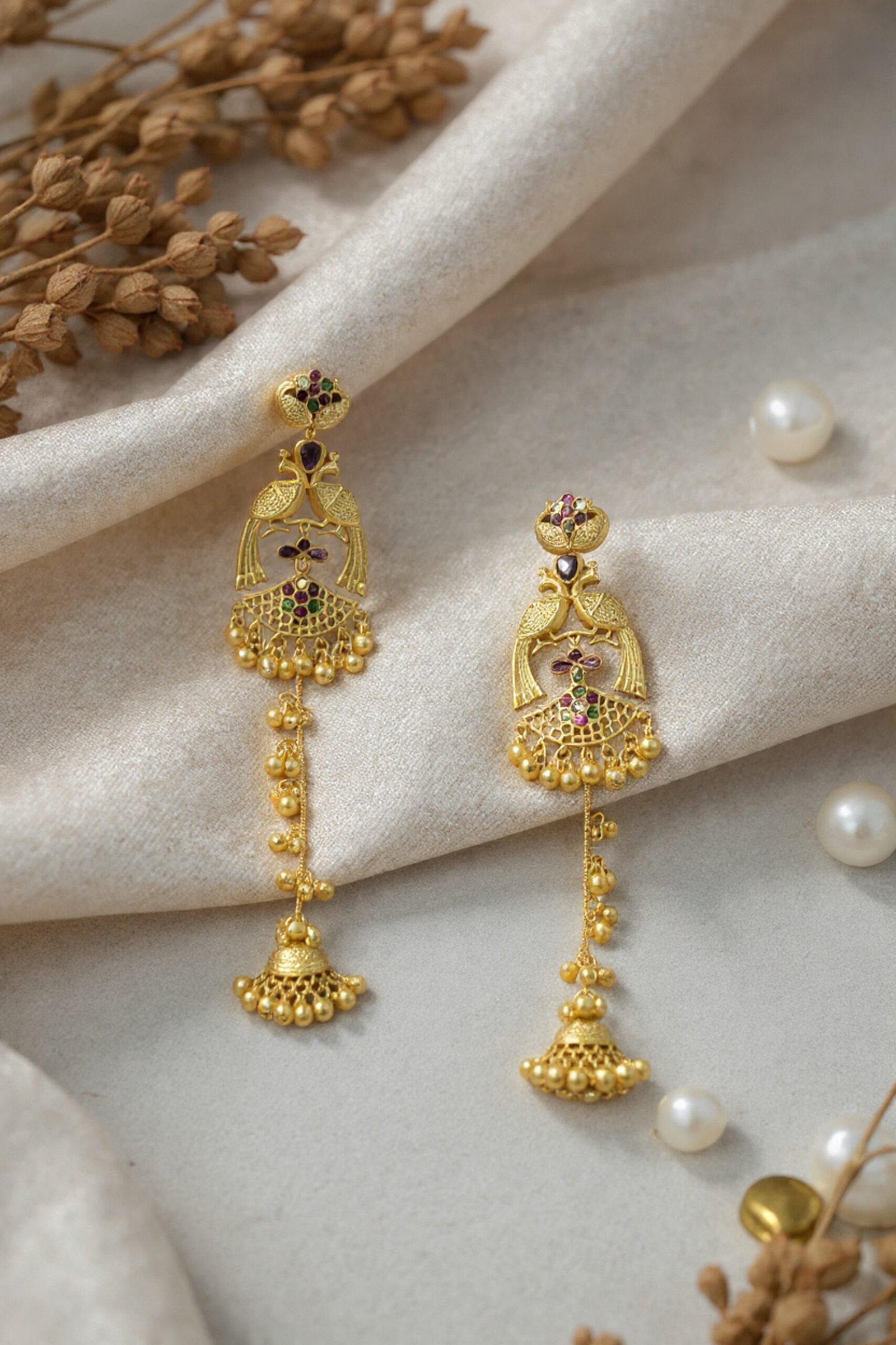 Beautiful Handmade Long Gold Plated Kashmiri Earring Embellished with Ghungroo - Image 2