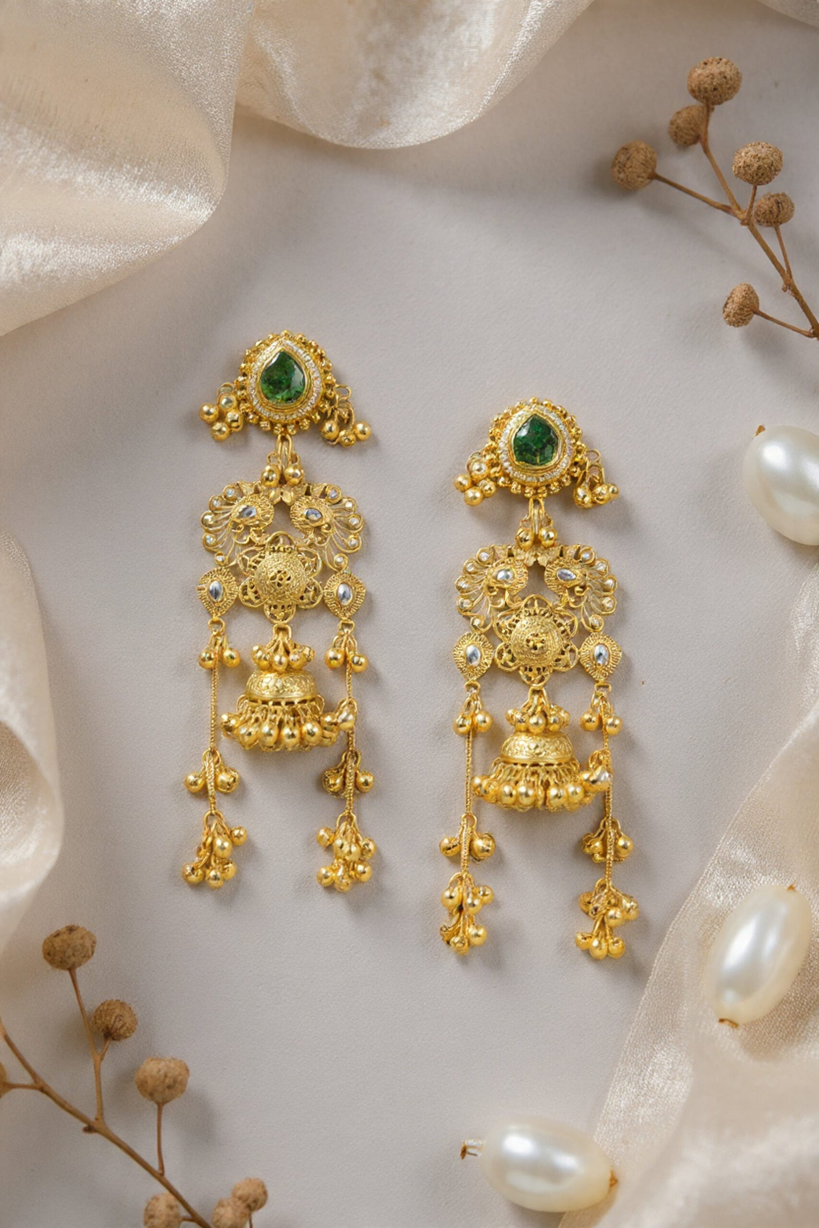 Beautiful Handmade Long Gold Plated Kashmiri Earring Embellished with Ghungroo - Image 3
