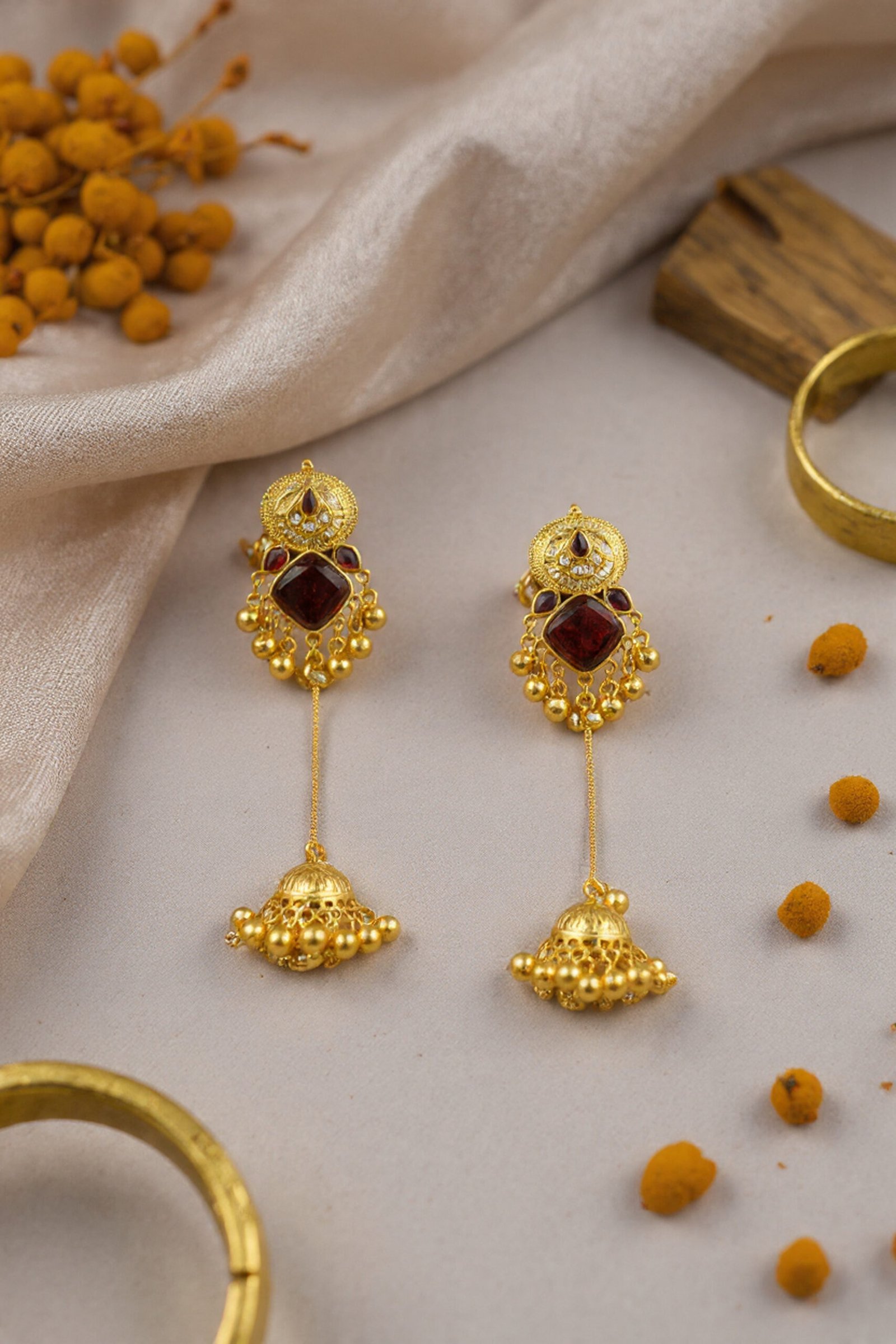 Beautiful Handmade Long Gold Plated Kashmiri Earring Embellished with Ghungroo - Image 3