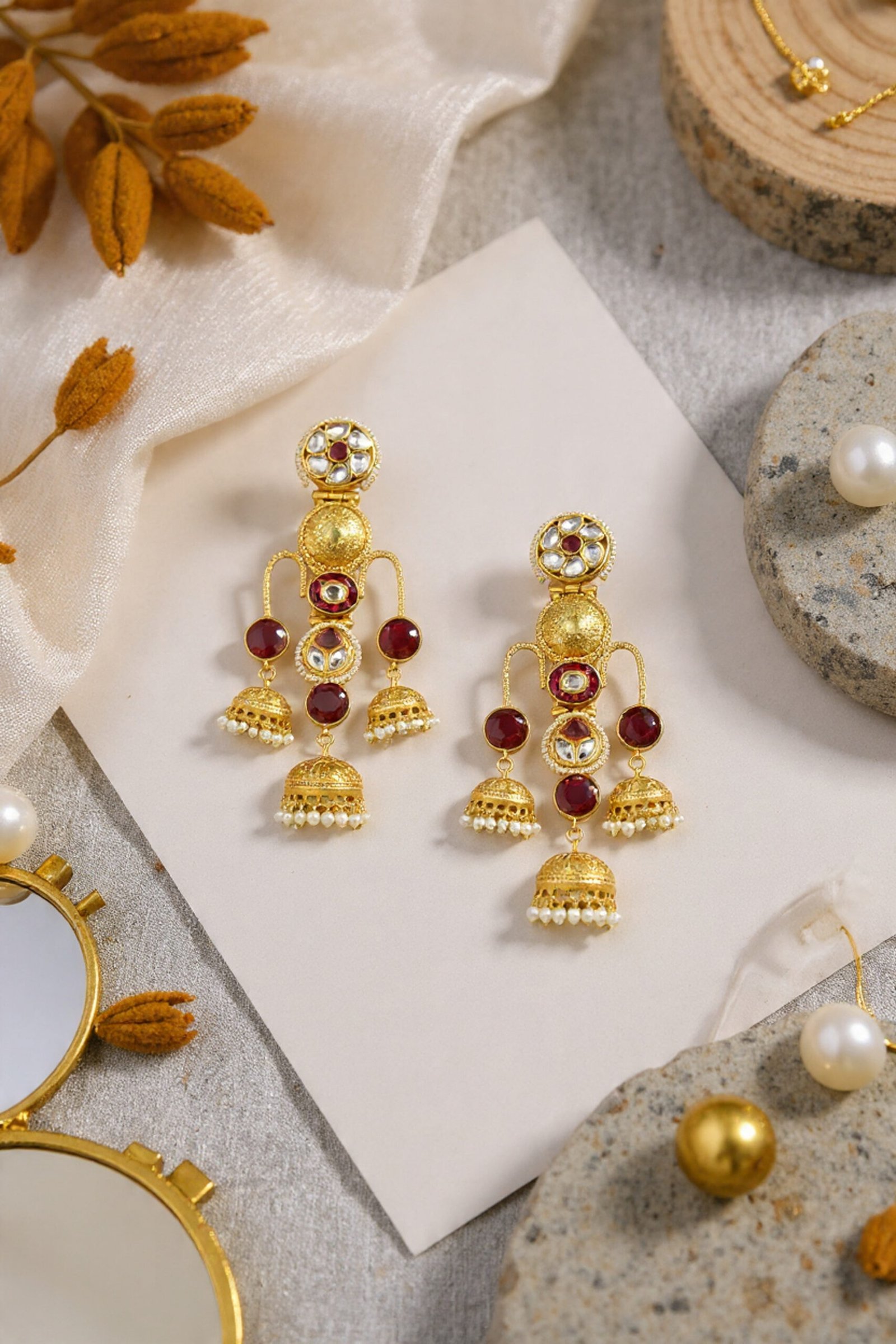 Beautiful Handmade Long Gold Plated Kashmiri Earring Embellished with Ghungroo - Image 4