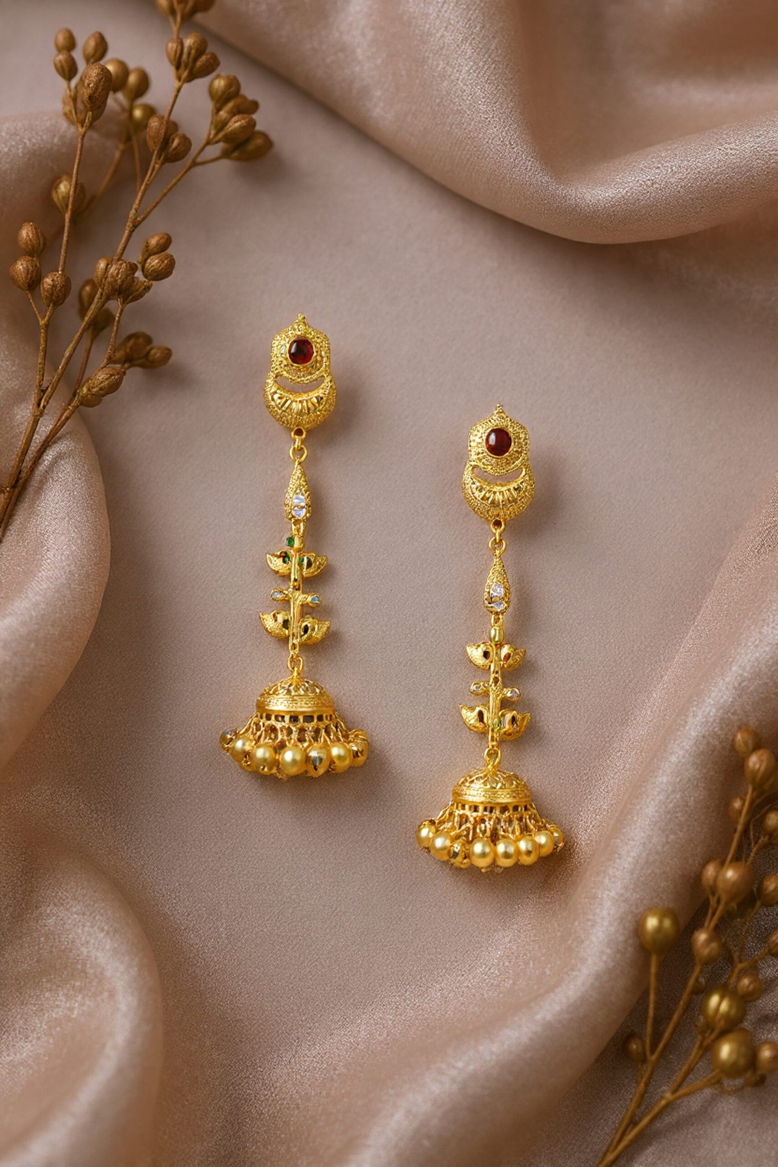 Beautiful Handmade Long Gold Plated Kashmiri Earring Embellished with Ghungroo - Image 5