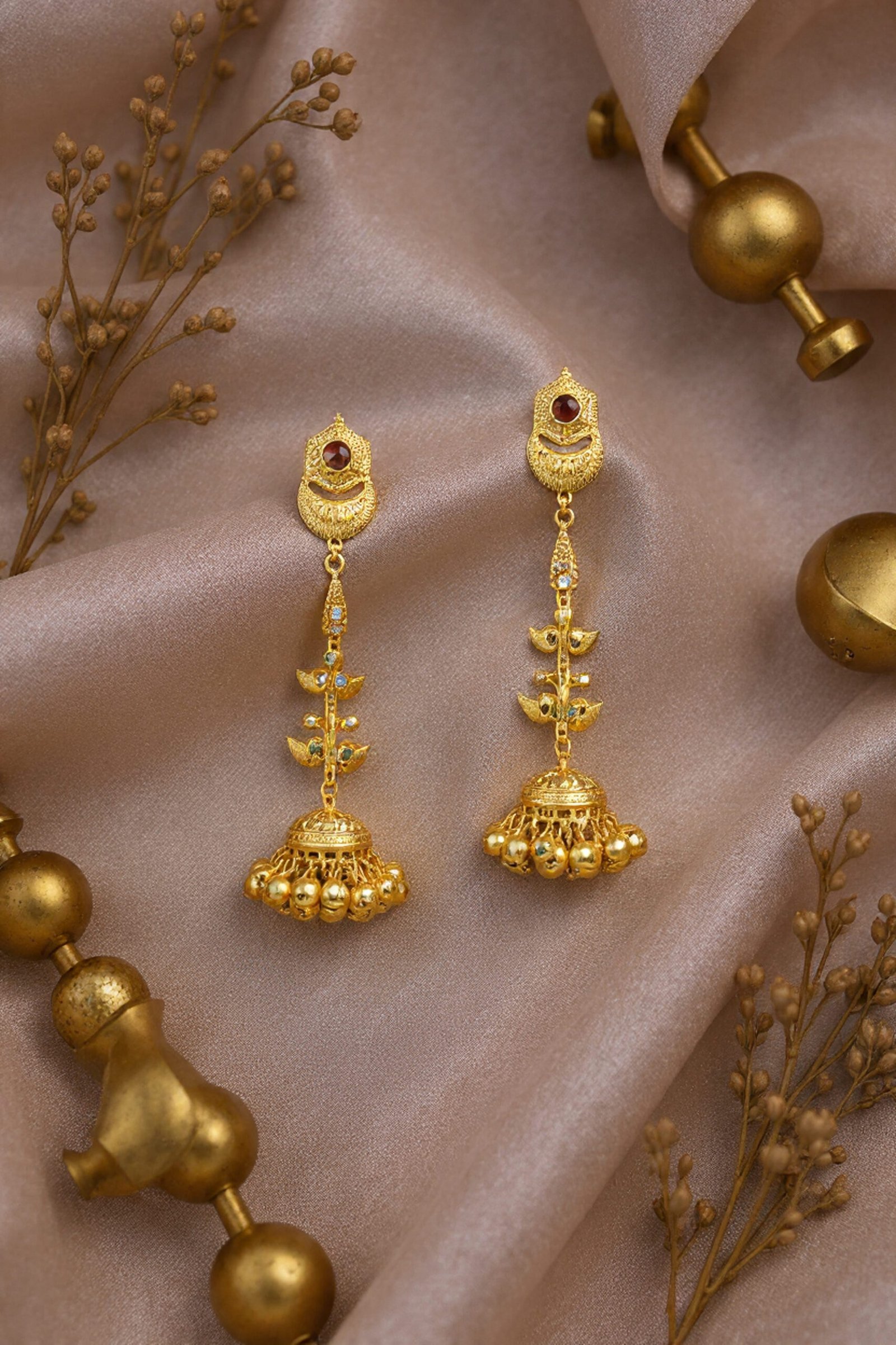 Beautiful Handmade Long Gold Plated Kashmiri Earring Embellished with Ghungroo - Image 6