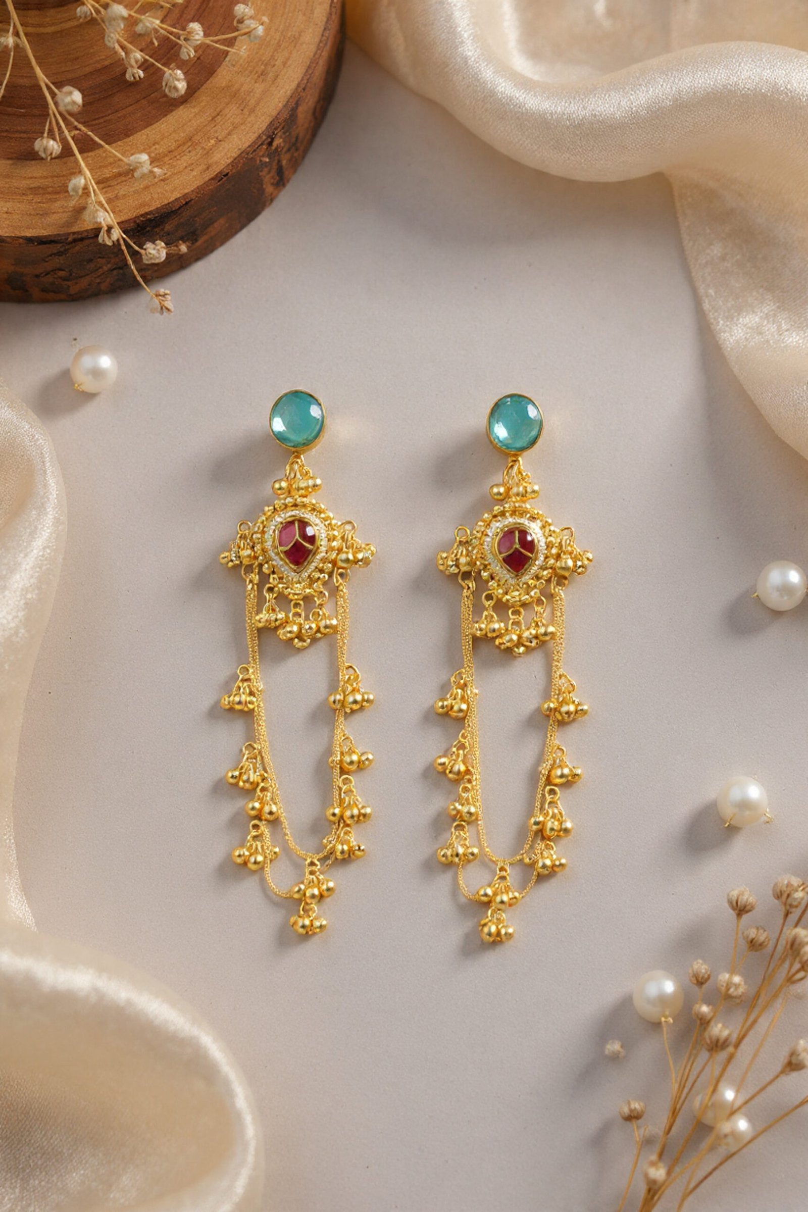 Beautiful Handmade Long Gold Plated Kashmiri Earring Embellished with Ghungroo - Image 4