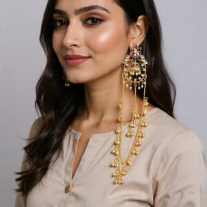Beautiful Handmade Long Gold Plated Kashmiri Earring Embellished with Ghungroo