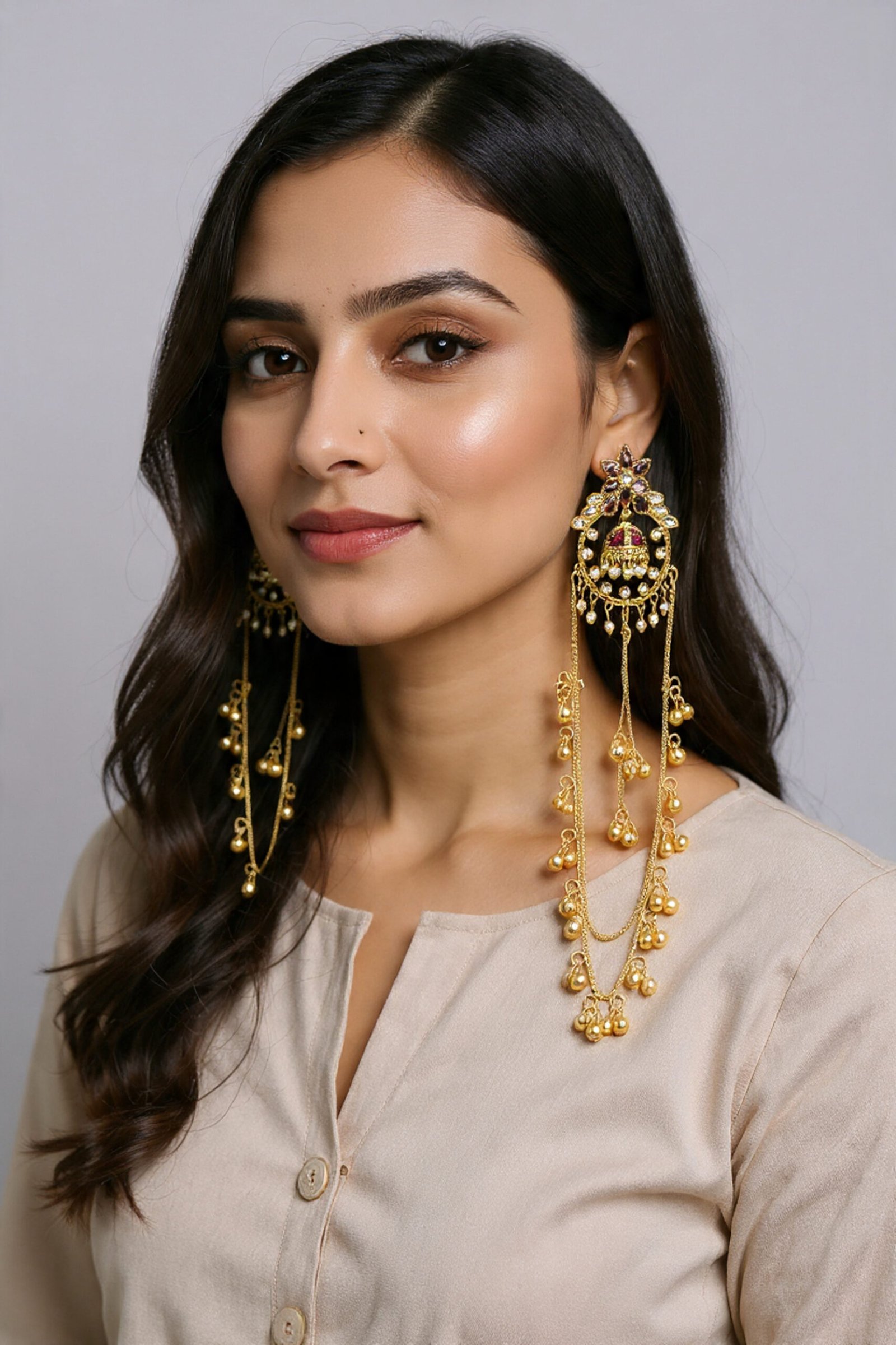 Beautiful Handmade Long Gold Plated Kashmiri Earring Embellished with Ghungroo - Image 2