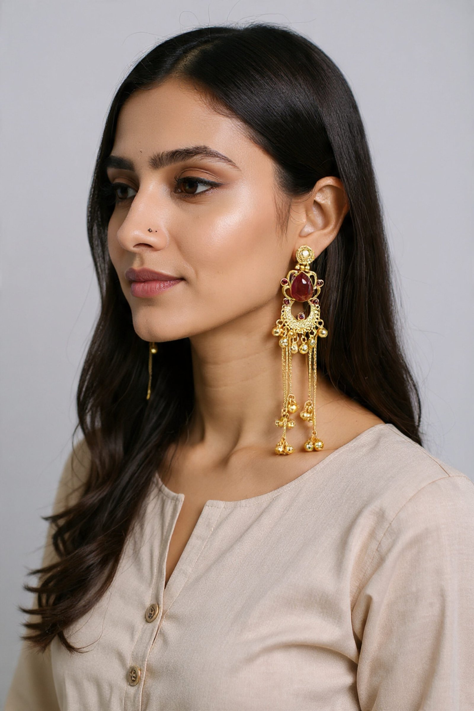 Beautiful Handmade Long Gold Plated Kashmiri Earring Embellished with Ghungroo