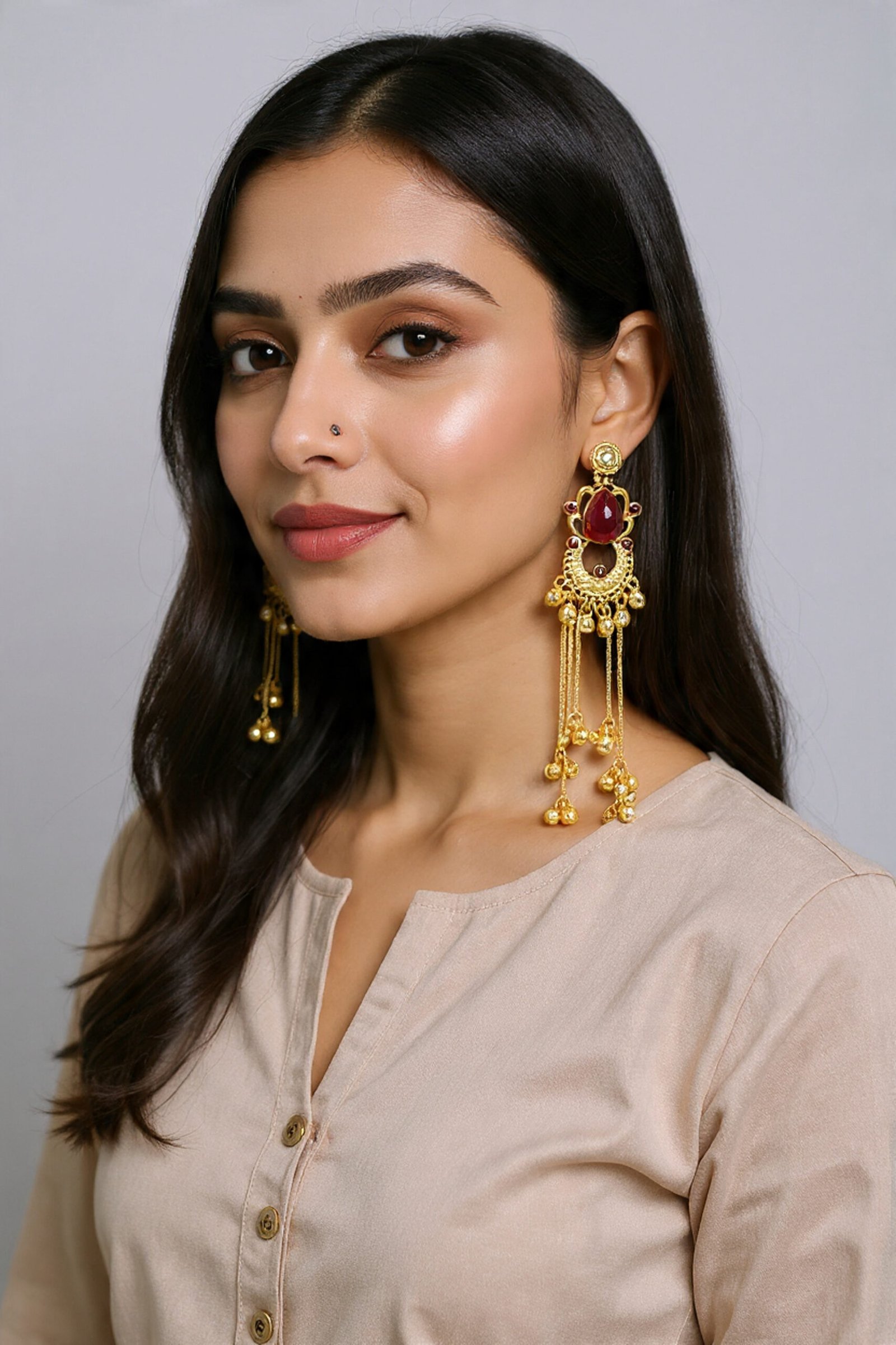 Beautiful Handmade Long Gold Plated Kashmiri Earring Embellished with Ghungroo - Image 2