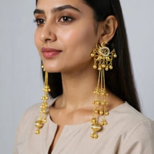 Beautiful Handmade Long Gold Plated Kashmiri Earring Embellished with Ghungroo