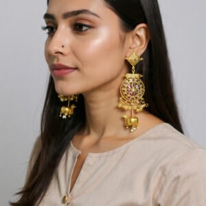 Beautiful Handmade Long Gold Plated Kashmiri Earring Embellished with Ghungroo