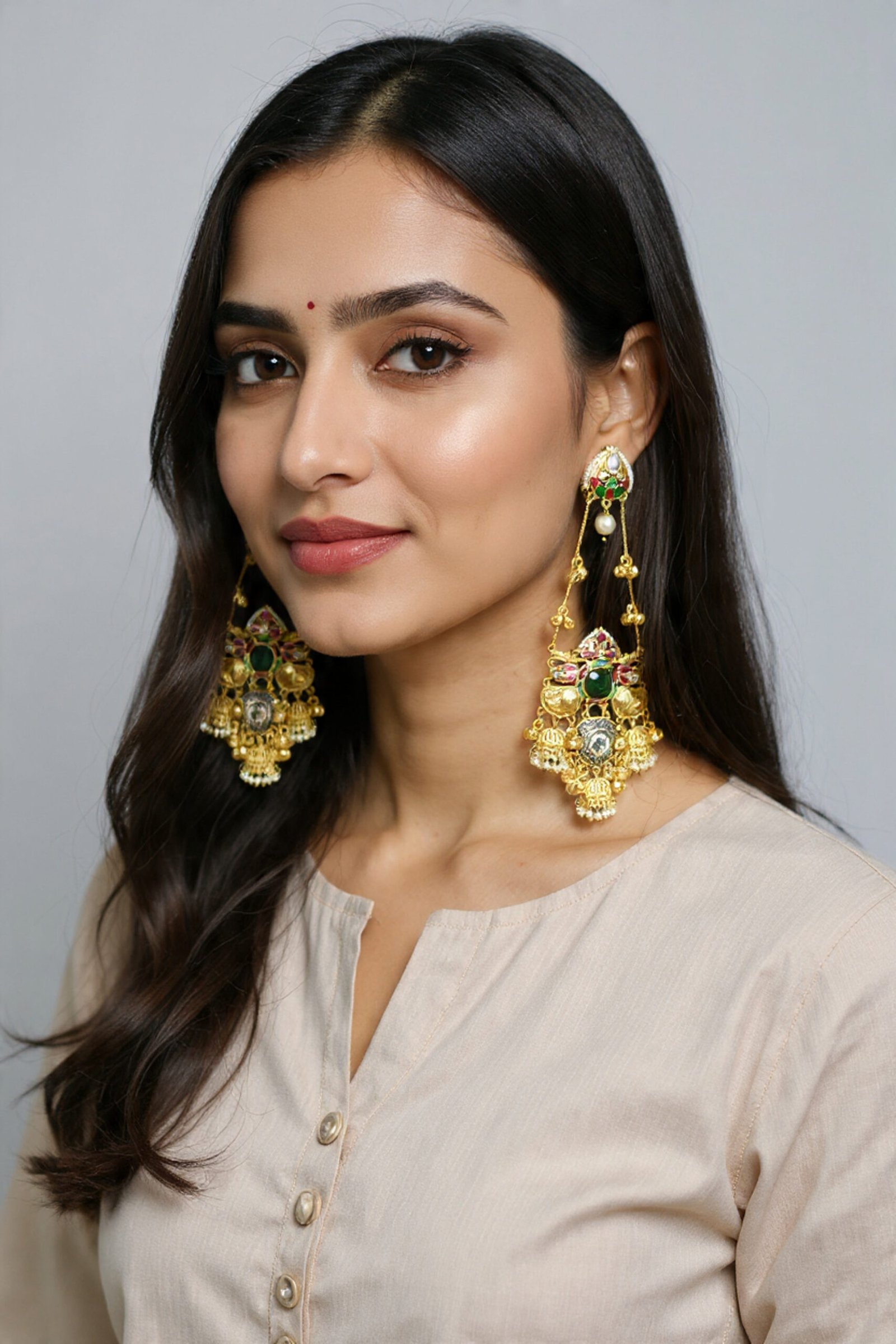 Beautiful Handmade Long Gold Plated Kashmiri Earring Embellished with Ghungroo - Image 2