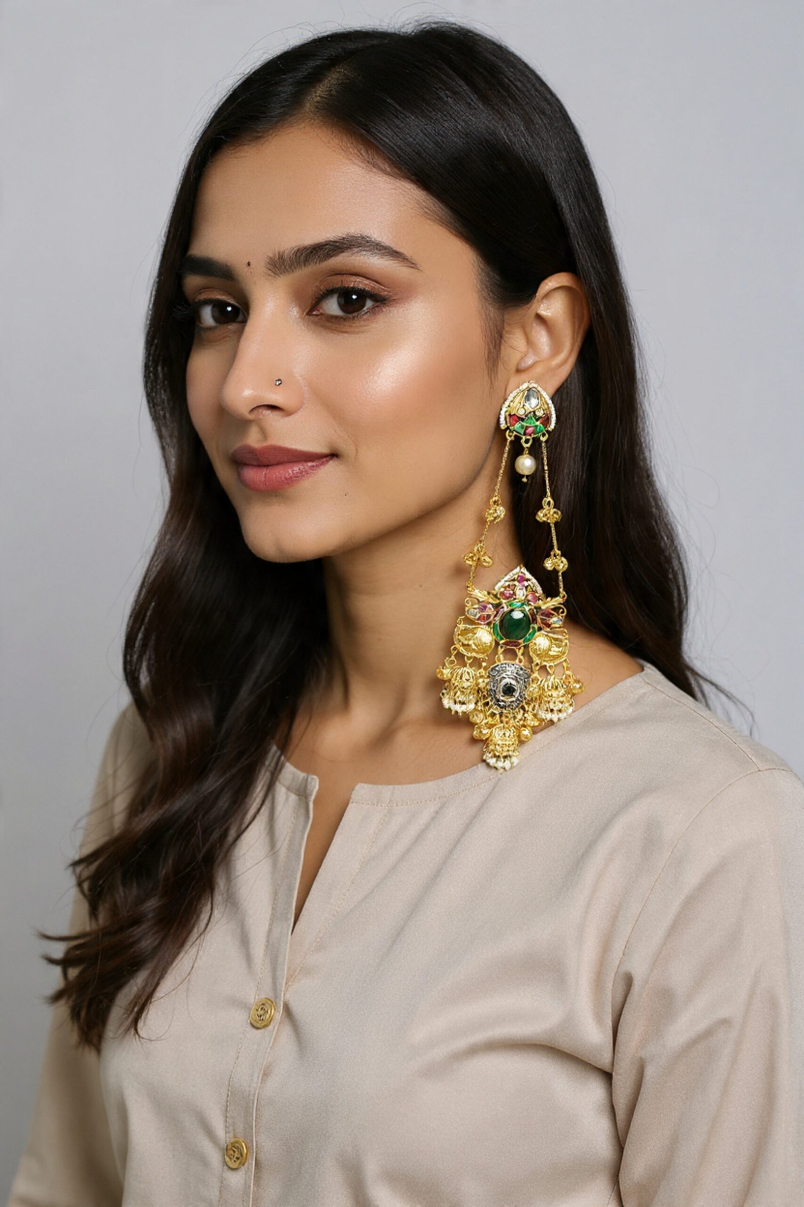 Beautiful Handmade Long Gold Plated Kashmiri Earring Embellished with Ghungroo
