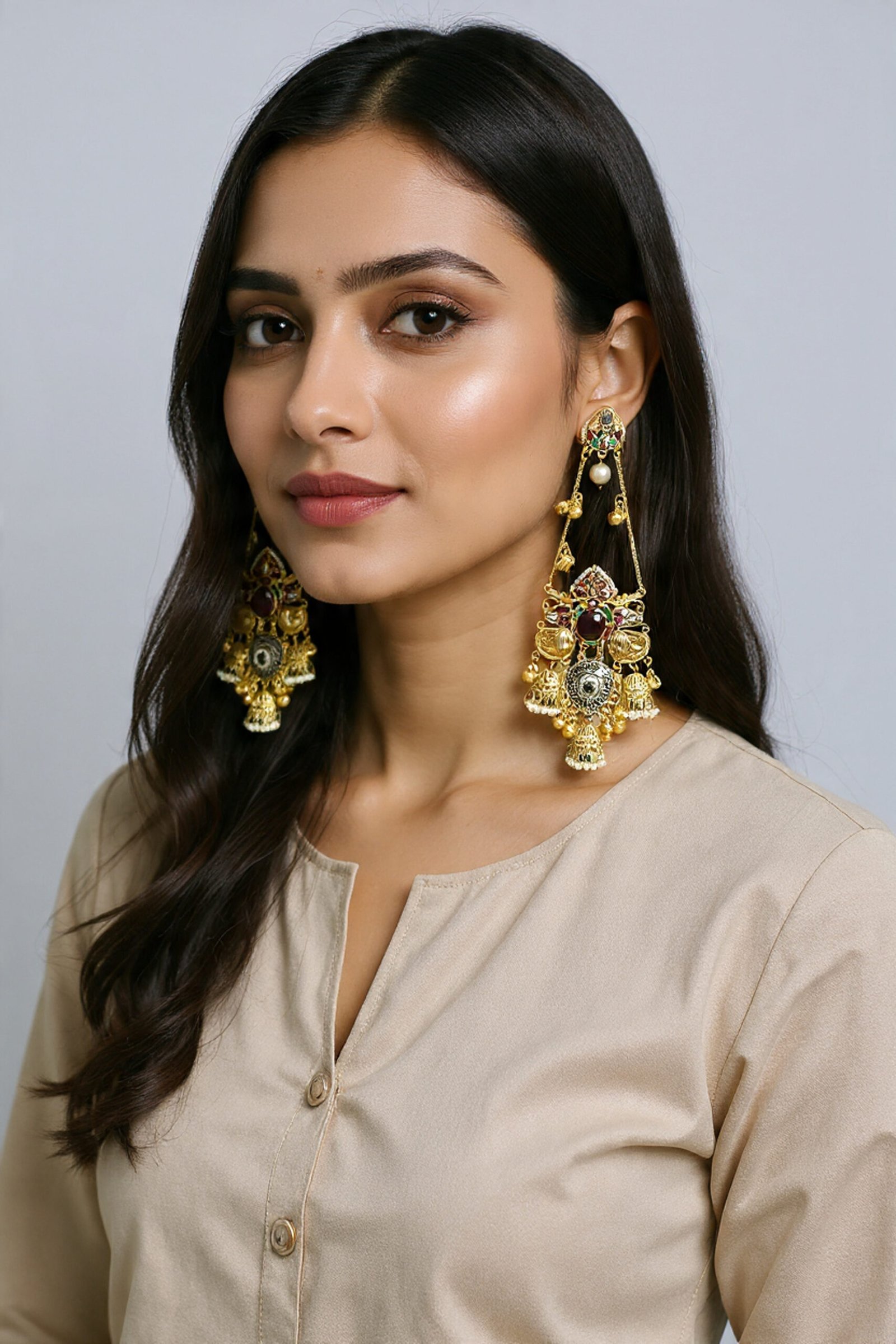 Beautiful Handmade Long Gold Plated Kashmiri Earring Embellished with Ghungroo - Image 2