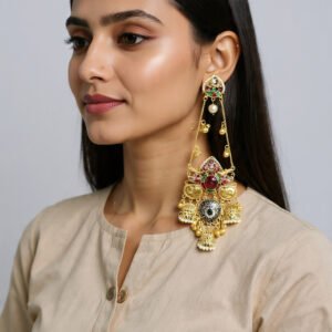 Beautiful Handmade Long Gold Plated Kashmiri Earring Embellished with Ghungroo