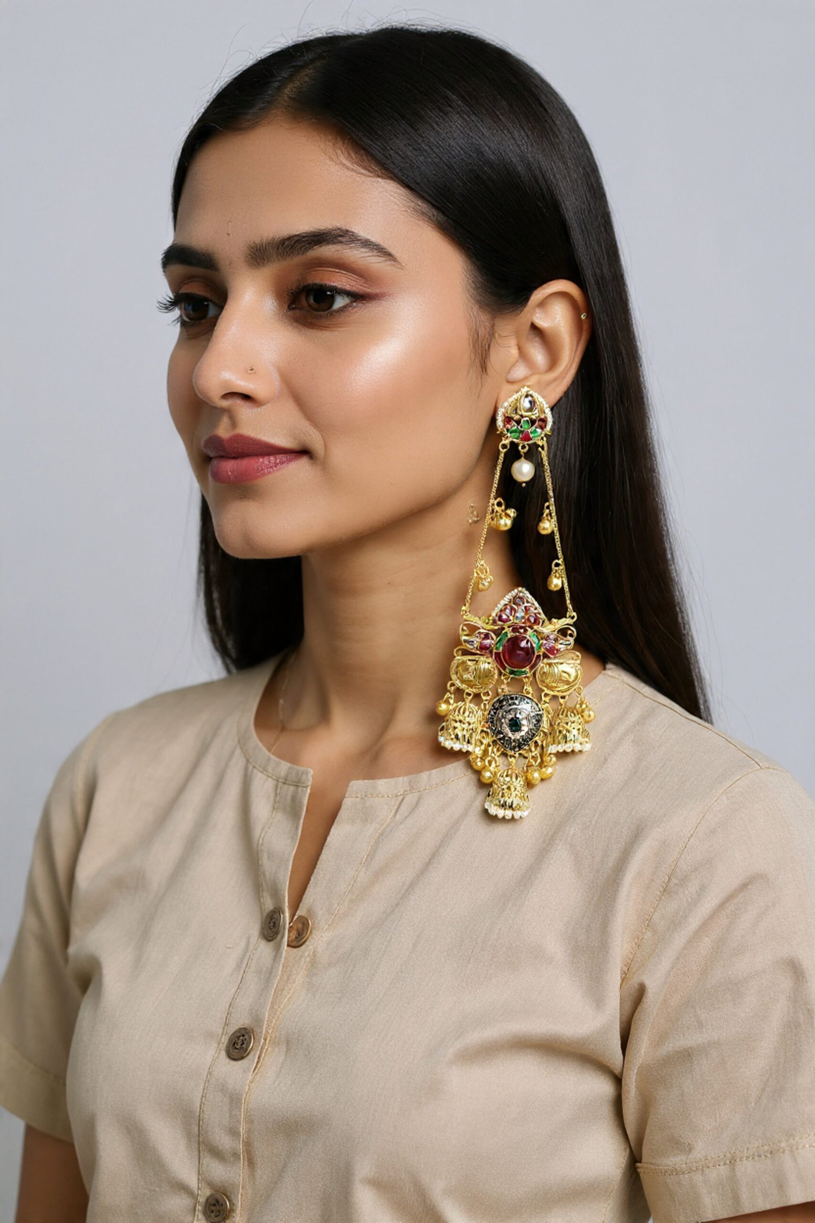Beautiful Handmade Long Gold Plated Kashmiri Earring Embellished with Ghungroo