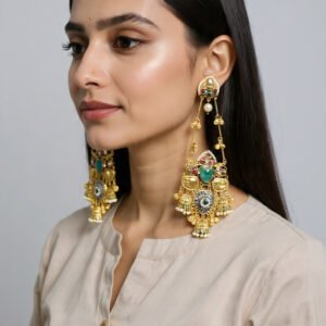 Beautiful Handmade Long Gold Plated Kashmiri Earring Embellished with Ghungroo