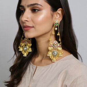 Beautiful Handmade Long Gold Plated Kashmiri Earring Embellished with Ghungroo