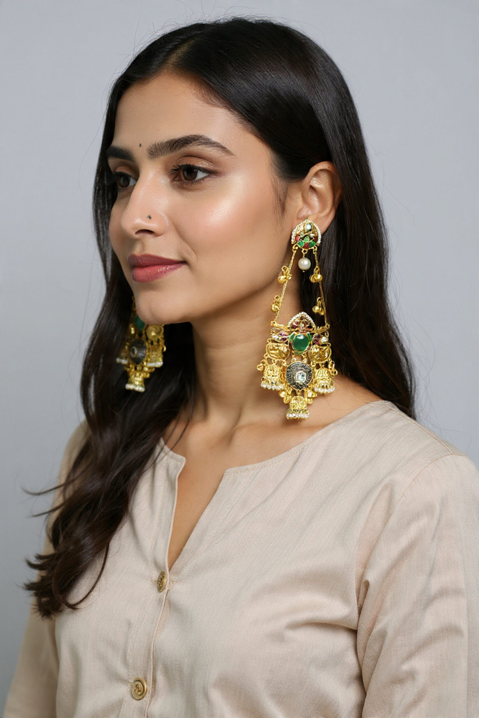 Beautiful Handmade Long Gold Plated Kashmiri Earring Embellished with Ghungroo