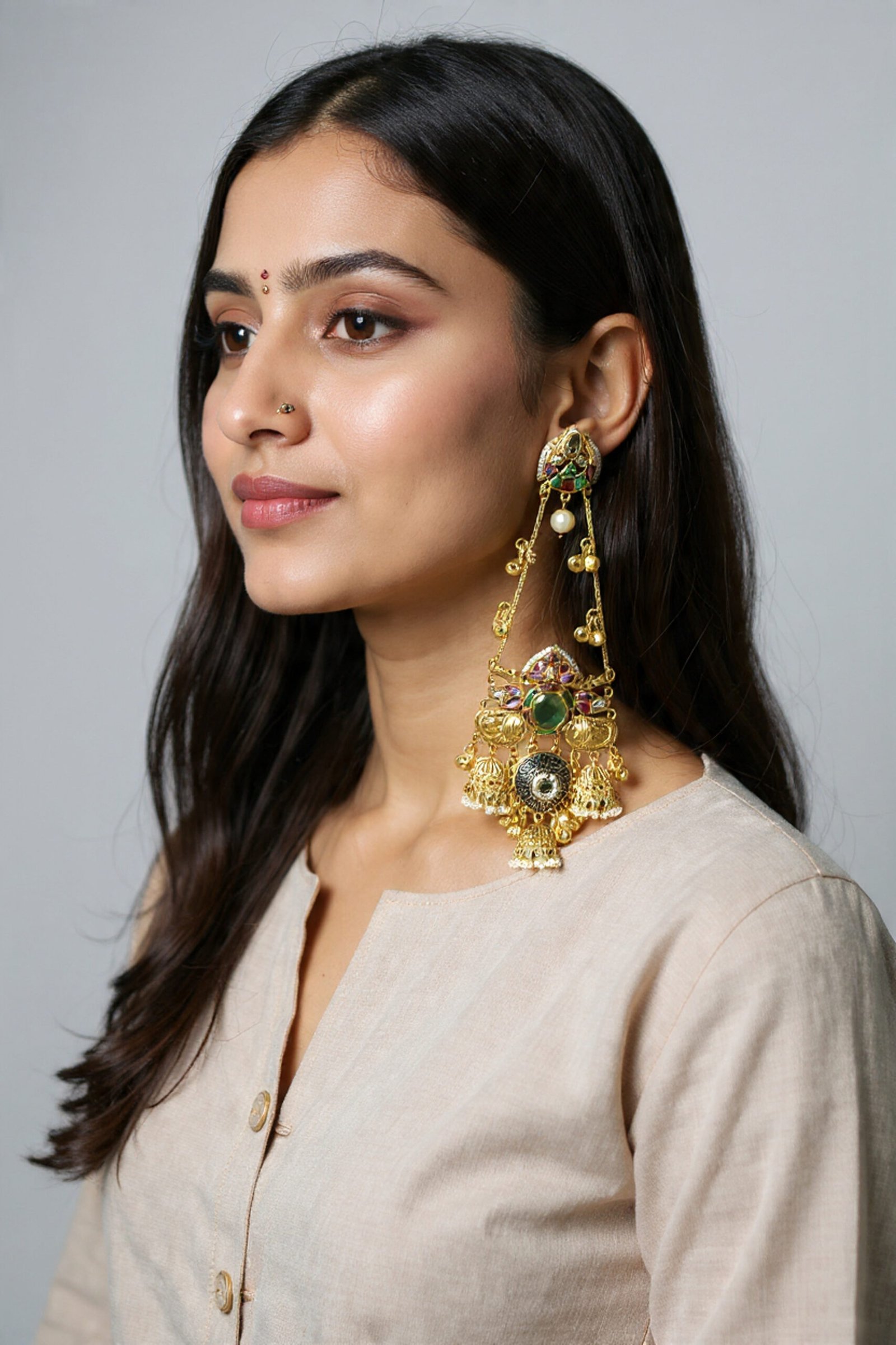 Beautiful Handmade Long Gold Plated Kashmiri Earring Embellished with Ghungroo - Image 2
