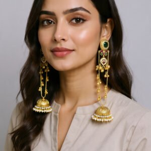 Beautiful Handmade Long Gold Plated Kashmiri Earring Embellished with Ghungroo