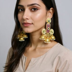 Beautiful Handmade Long Gold Plated Kashmiri Earring Embellished with Ghungroo