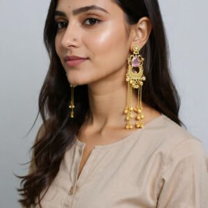 Beautiful Handmade Long Gold Plated Kashmiri Earring Embellished with Ghungroo