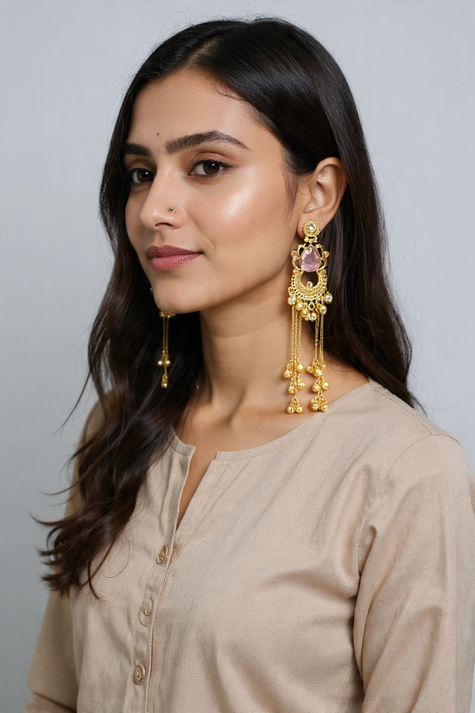 Beautiful Handmade Long Gold Plated Kashmiri Earring Embellished with Ghungroo
