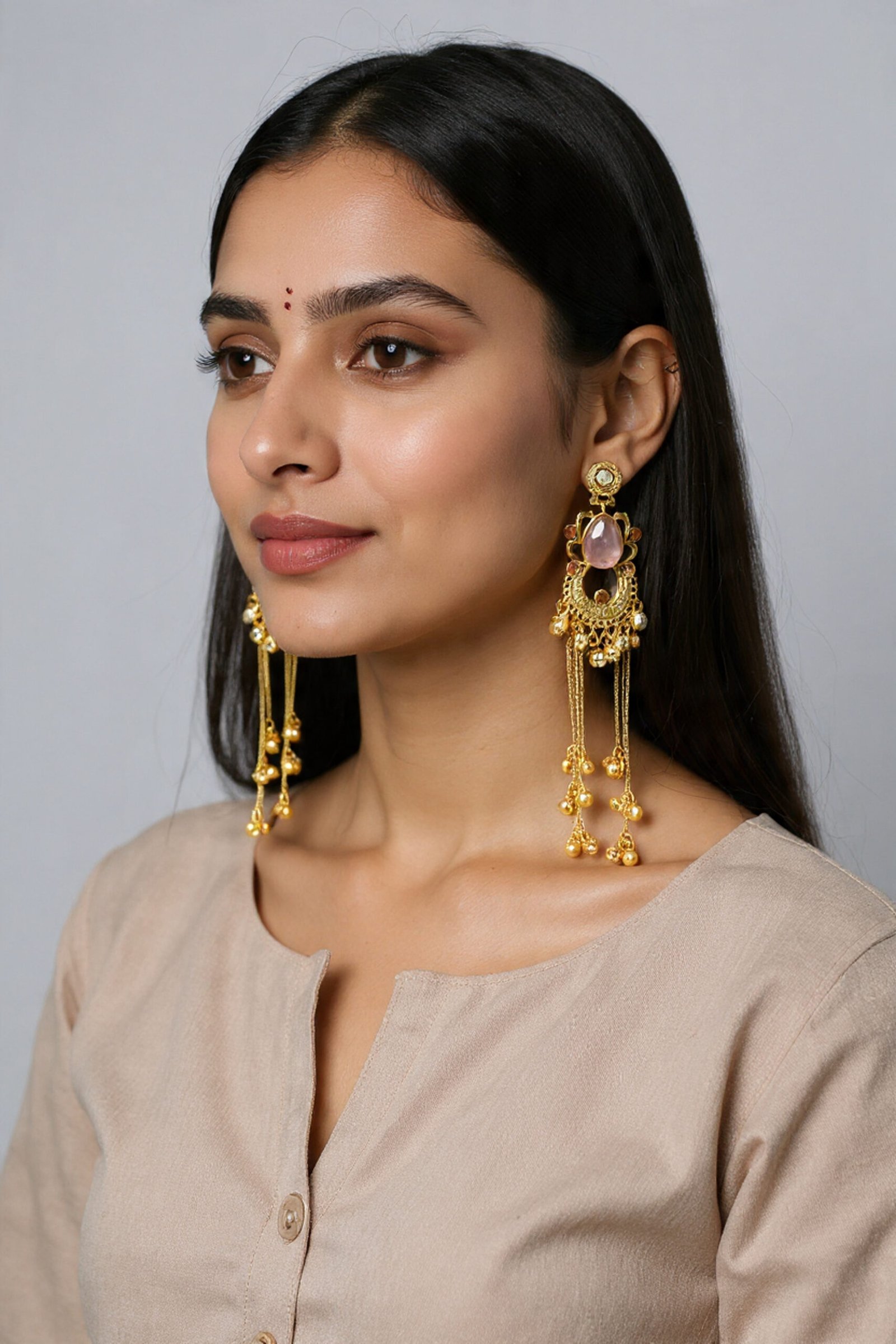 Beautiful Handmade Long Gold Plated Kashmiri Earring Embellished with Ghungroo - Image 2