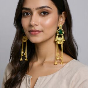 Beautiful Handmade Long Gold Plated Kashmiri Earring Embellished with Ghungroo