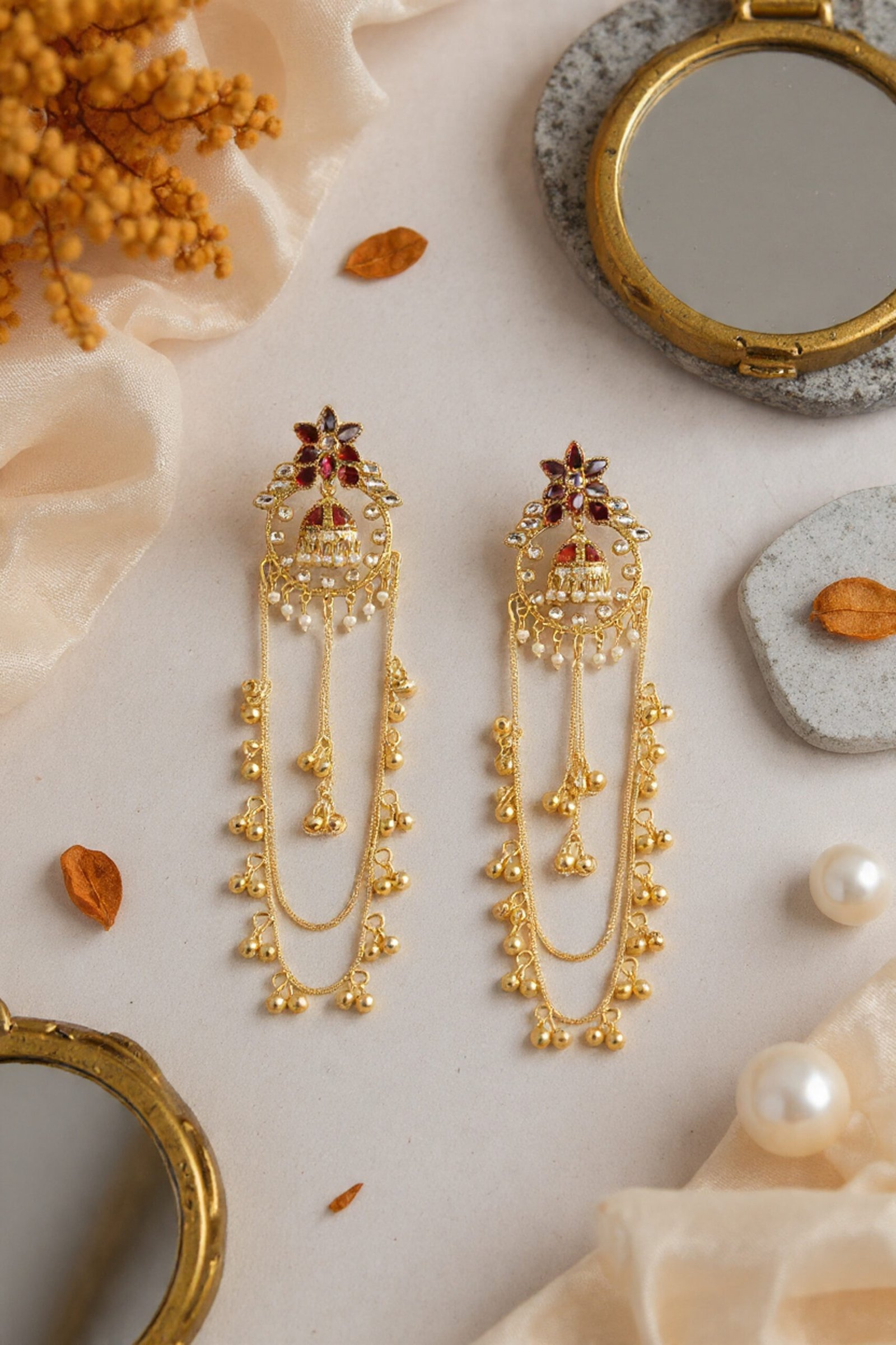 Beautiful Handmade Long Gold Plated Kashmiri Earring Embellished with Ghungroo - Image 3