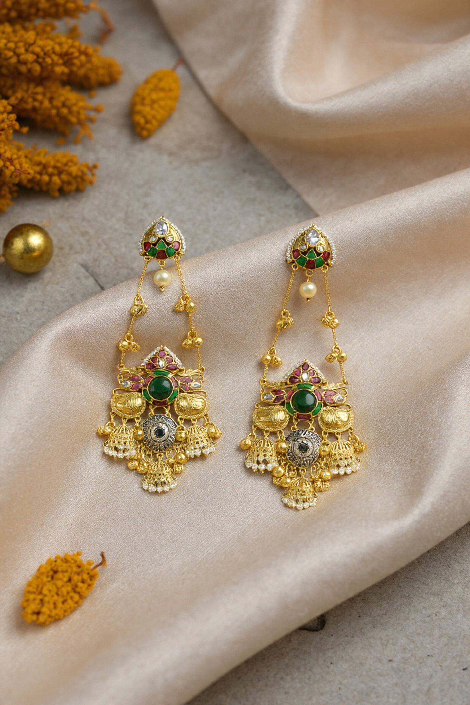Beautiful Handmade Long Gold Plated Kashmiri Earring Embellished with Ghungroo - Image 3