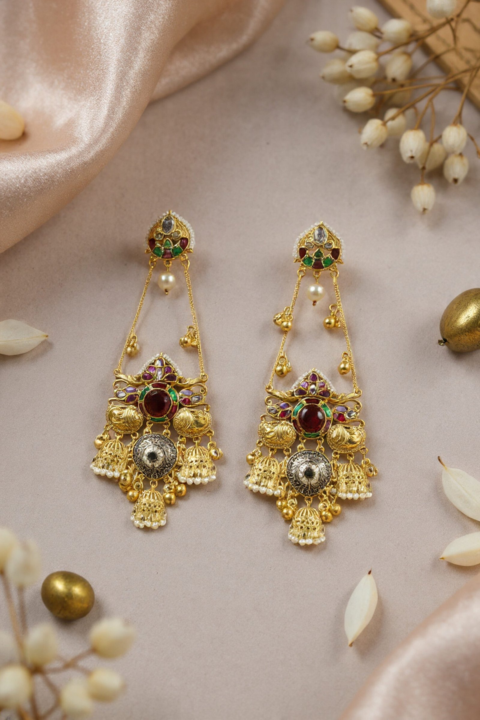 Beautiful Handmade Long Gold Plated Kashmiri Earring Embellished with Ghungroo - Image 3