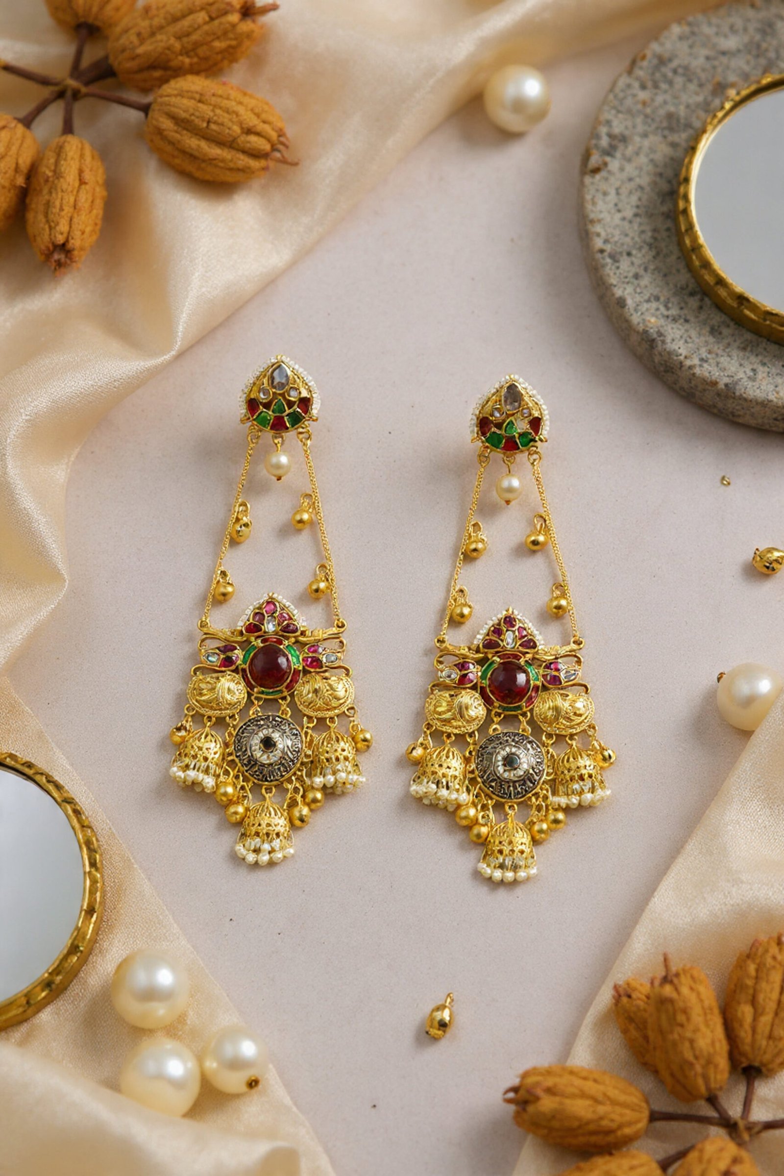 Beautiful Handmade Long Gold Plated Kashmiri Earring Embellished with Ghungroo - Image 4