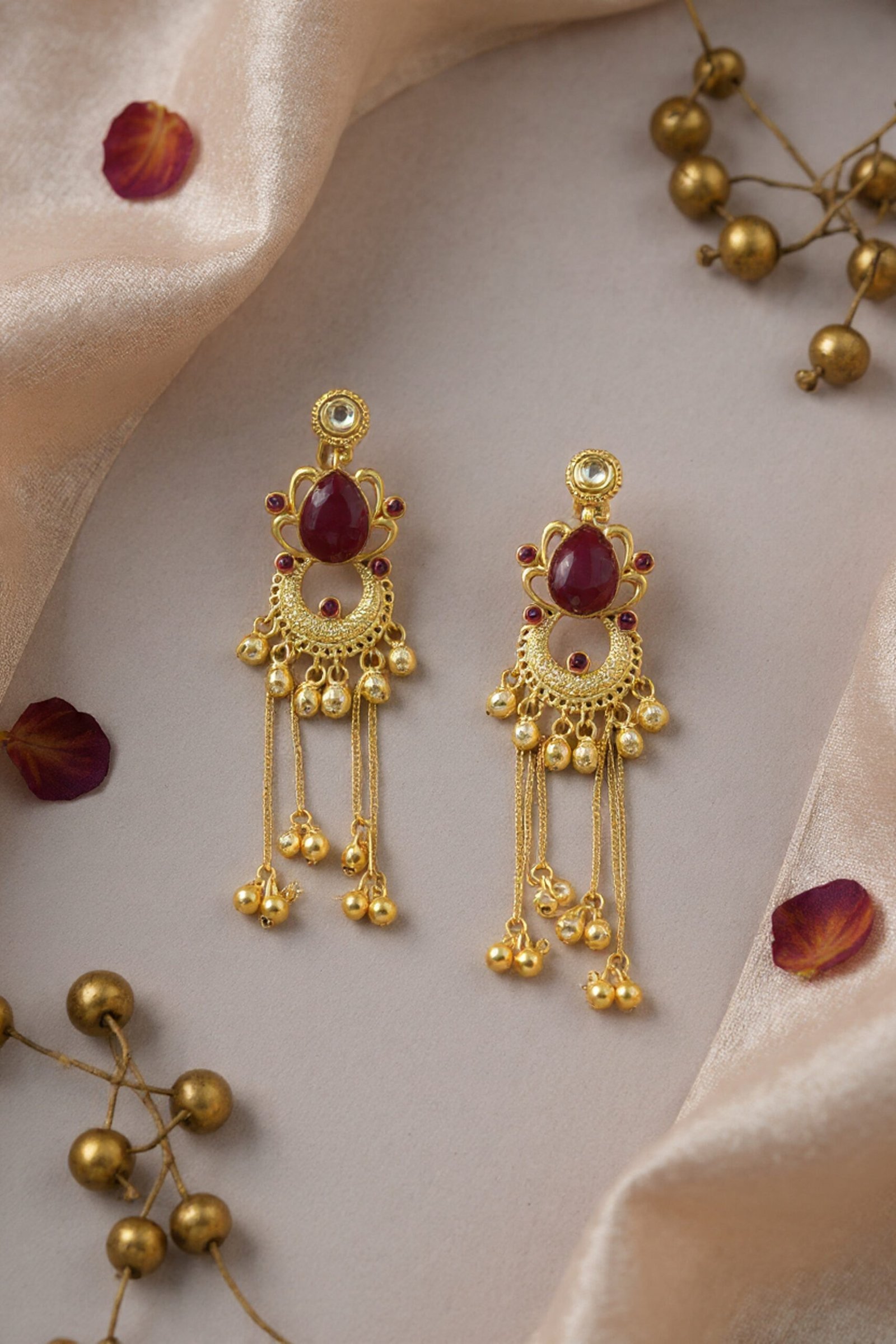 Beautiful Handmade Long Gold Plated Kashmiri Earring Embellished with Ghungroo - Image 3